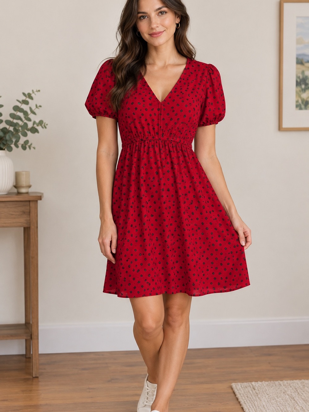 Jigsaw Red V-Neck Puff Sleeve Babydoll Dress with Micro Print